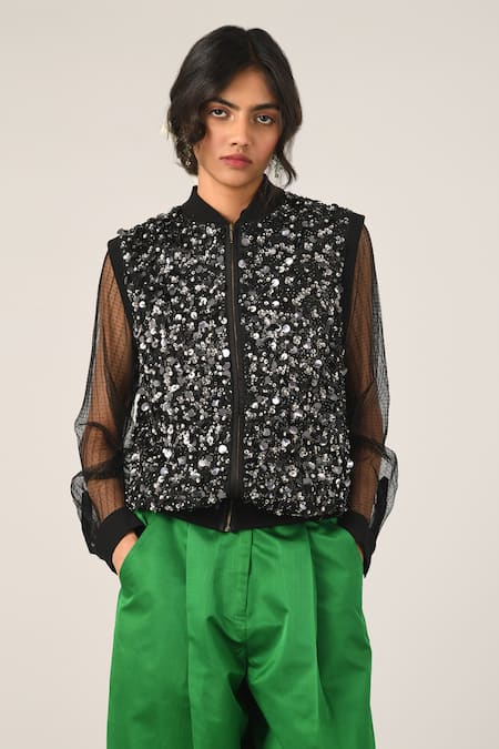 Shop_Payal Pratap_Black Sequins High Neck Bonica Gilet Jacket _Online_at_Aza_Fashions