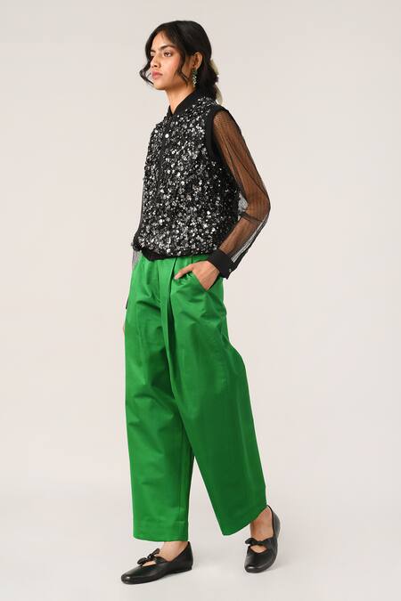 Payal Pratap_Green Satin Andra Straight Pleated Pant _Online_at_Aza_Fashions