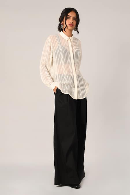 Payal Pratap_Ivory Viscose Georgette Collared Pinetorum Pleated Shirt _Online_at_Aza_Fashions