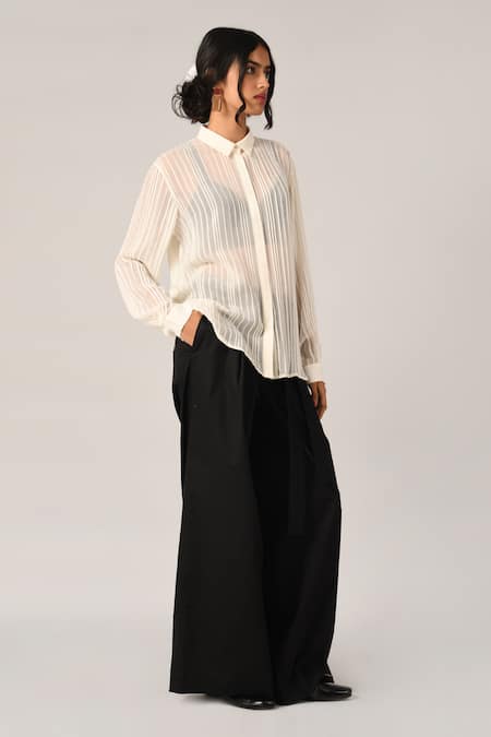 Shop_Payal Pratap_Ivory Viscose Georgette Collared Pinetorum Pleated Shirt _Online_at_Aza_Fashions