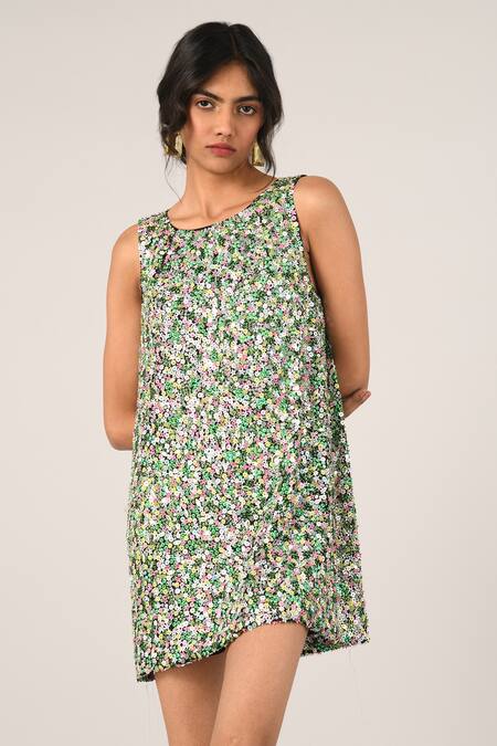 Buy_Payal Pratap_Green Chiffon, Polyester Sequins Round Neck Barbara Short Dress _Online_at_Aza_Fashions