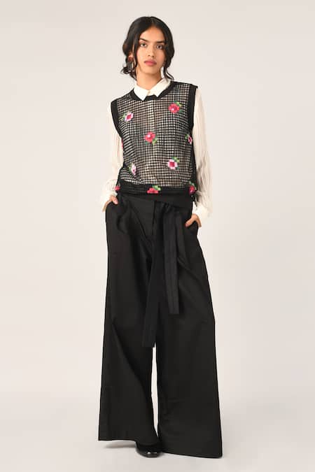 Shop_Payal Pratap_Black Polyester Embroidery Round Neck Teplitz Net Cardigan Top _Online_at_Aza_Fashions