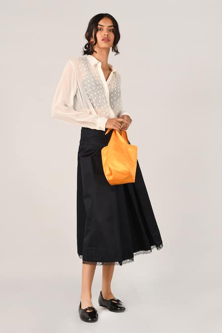 Payal Pratap_Black Satin Lace Rubiginosa Pleated Skirt _Online_at_Aza_Fashions