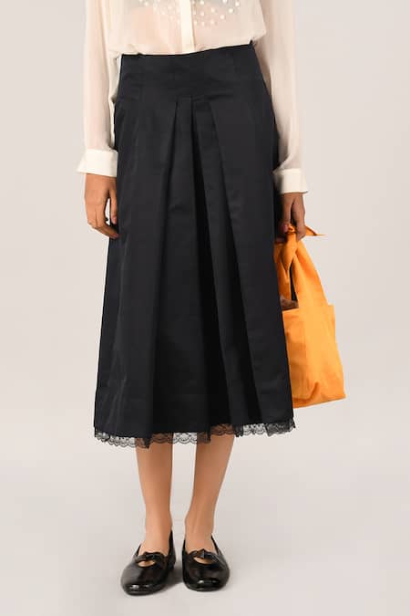 Buy_Payal Pratap_Black Satin Lace Rubiginosa Pleated Skirt _Online_at_Aza_Fashions