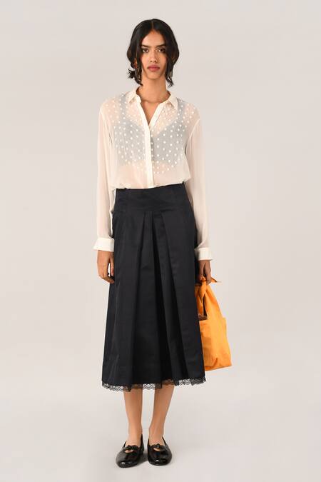 Shop_Payal Pratap_Black Satin Lace Rubiginosa Pleated Skirt _Online_at_Aza_Fashions