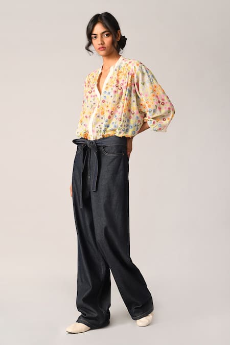 Buy_Payal Pratap_Ivory Cotton, Silk Embroidery Split V-neck, Woodsii Floral Pattern Shirt _Online_at_Aza_Fashions