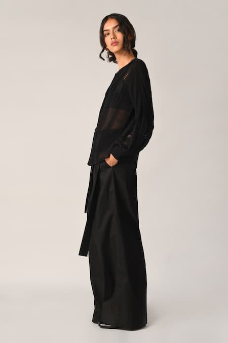 Payal Pratap_Black Viscose Georgette Lace Round Neck Boscobel Front Open Top _Online_at_Aza_Fashions