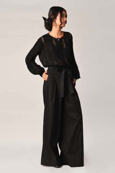 Buy_Payal Pratap_Black Viscose Georgette Lace Round Neck Boscobel Front Open Top _Online_at_Aza_Fashions