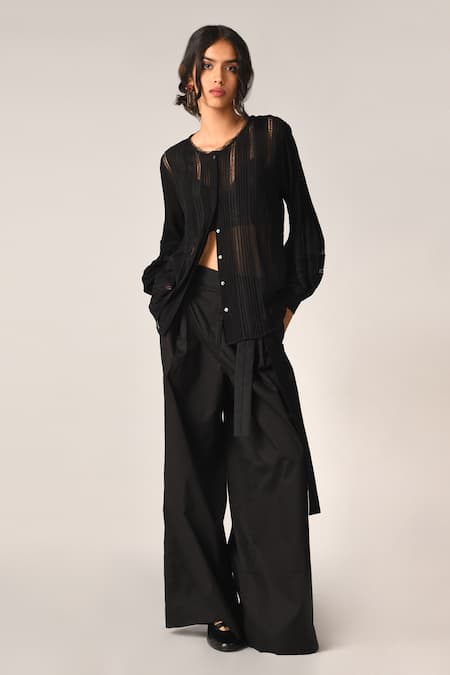 Shop_Payal Pratap_Black Viscose Georgette Lace Round Neck Boscobel Front Open Top _Online_at_Aza_Fashions