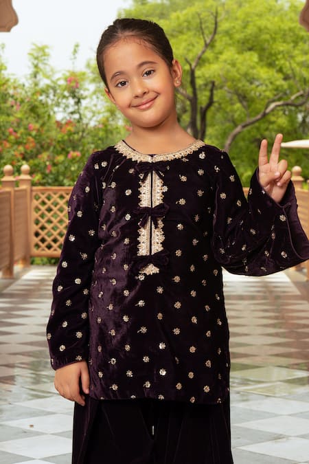 Fayon Kids_Burgundy Velvet Sequins, Zari, Embroidery Kurta And Salwar Set _Online_at_Aza_Fashions