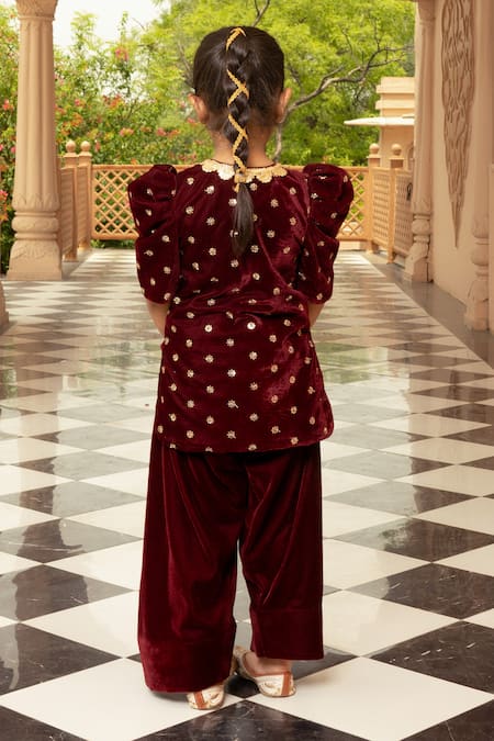 Fayon Kids Velvet Gold Motif Kurta & Salwar Set 