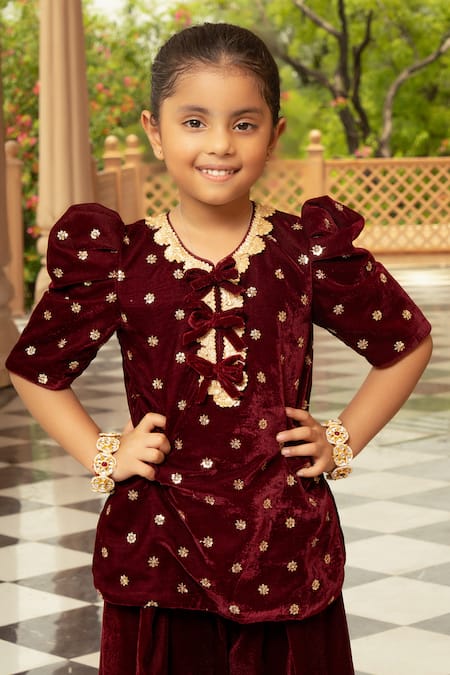 Buy_Fayon Kids_Maroon Velvet Foil Printing Gold Motif Kurta And Salwar Set _Online_at_Aza_Fashions