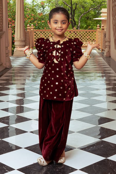 Fayon Kids Velvet Gold Motif Kurta & Salwar Set 