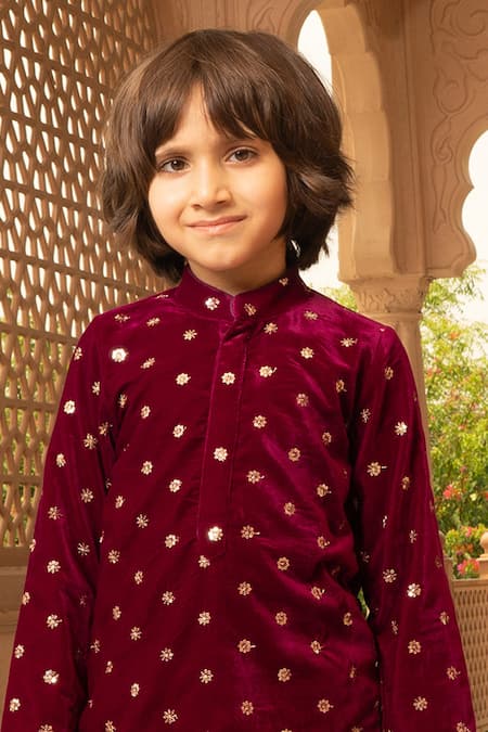 Fayon Kids_Maroon Velvet Embroidery Kurta And Salwar Set _Online_at_Aza_Fashions