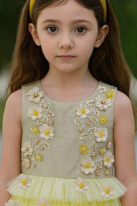 A Little Fable_Yellow Lurex, Polyester Applique, Beads, Floral Embroidered Tiered Ruffle Dress _Online_at_Aza_Fashions