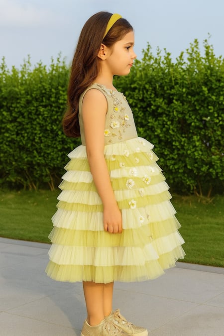 Buy_A Little Fable_Yellow Lurex, Polyester Applique, Beads, Floral Embroidered Tiered Ruffle Dress _Online_at_Aza_Fashions