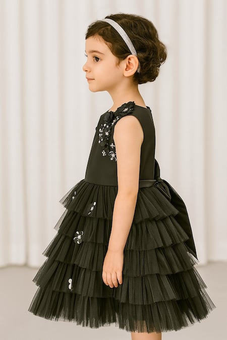 Buy_A Little Fable_Black Polyester Fabric Flowers, Sequins, Floral Applique Tiered Ruffle Dress _Online_at_Aza_Fashions