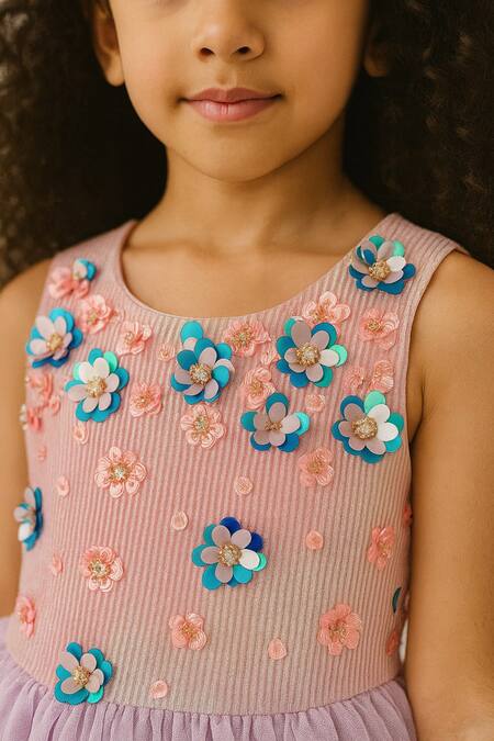 Buy_A Little Fable_Lavender Polyester, Tulle Applique, Sequins, Beads Floral Tiered Dress _Online_at_Aza_Fashions