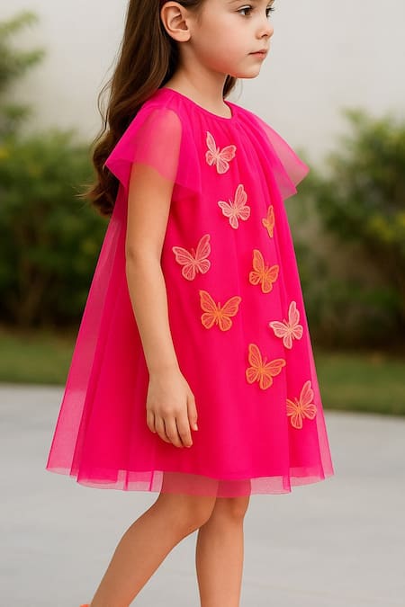 A Little Fable_Fuchsia Tulle Applique Butterfly Dress _Online_at_Aza_Fashions