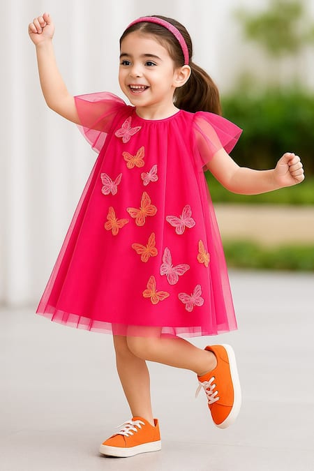 Buy_A Little Fable_Fuchsia Tulle Applique Butterfly Dress _Online_at_Aza_Fashions