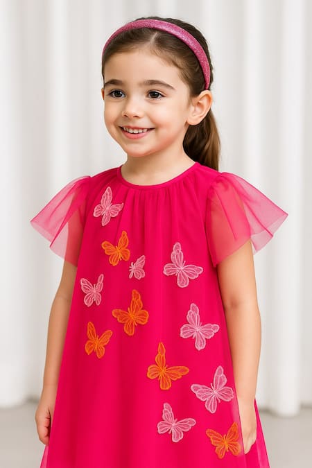 Shop_A Little Fable_Fuchsia Tulle Applique Butterfly Dress _Online_at_Aza_Fashions