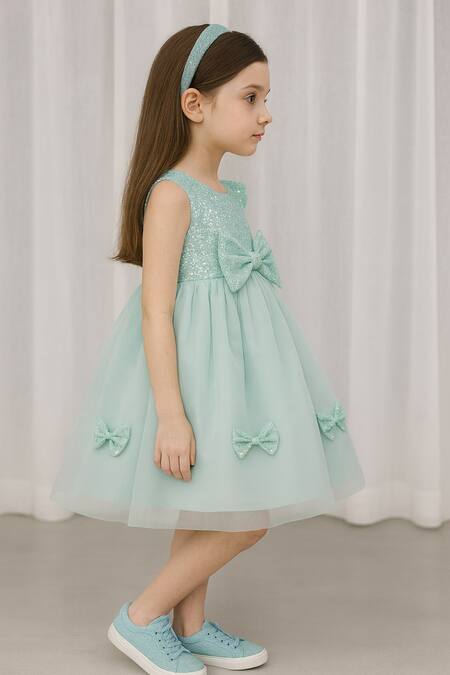 A Little Fable_Mint Tulle, Polyester Sequins, Bows Embellished Dress _Online_at_Aza_Fashions