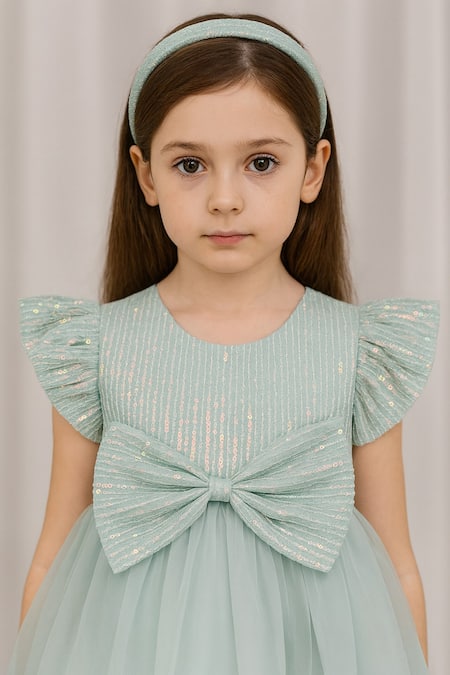 Buy_A Little Fable_Mint Tulle, Polyester Sequins, Bows Embellished Dress _Online_at_Aza_Fashions
