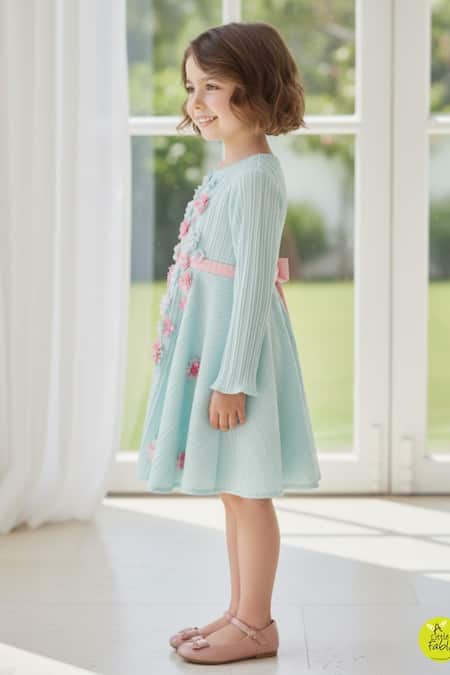 A Little Fable_Blue Polyester, Cotton Applique, Beads, Ribbons, Fabric Ribbed Floral Dress _Online_at_Aza_Fashions
