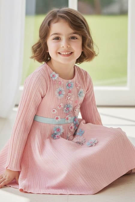 Buy_A Little Fable_Pink Polyester, Cotton Fabric Flowers, Beads, Floral Applique Pleated Dress  _Online_at_Aza_Fashions