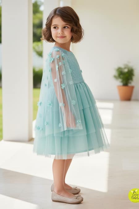 A Little Fable_Aqua Polyester, Cotton Sequins, Applique And Tiered Dress _Online_at_Aza_Fashions