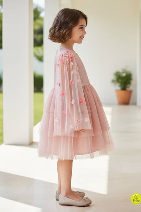A Little Fable_Pink Polyester, Cotton Sequins, Applique, Fabric Flowers Bodice Tiered Dress _Online_at_Aza_Fashions