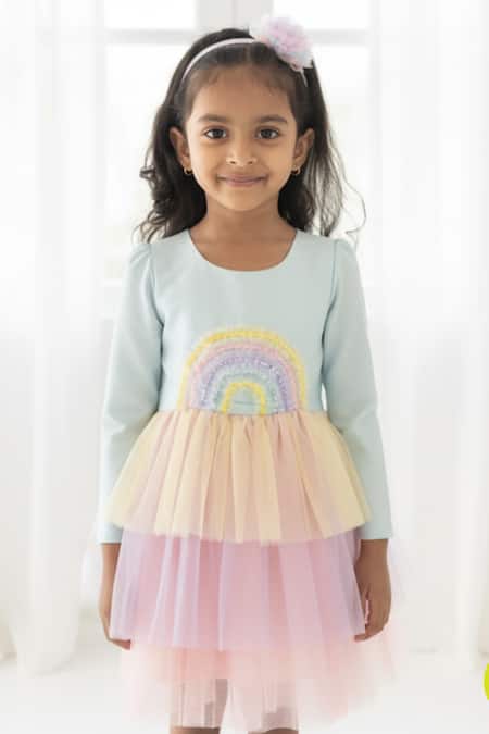 Buy_A Little Fable_Blue Polyester, Cotton Sequins, Bows Rainbow Dress _Online_at_Aza_Fashions