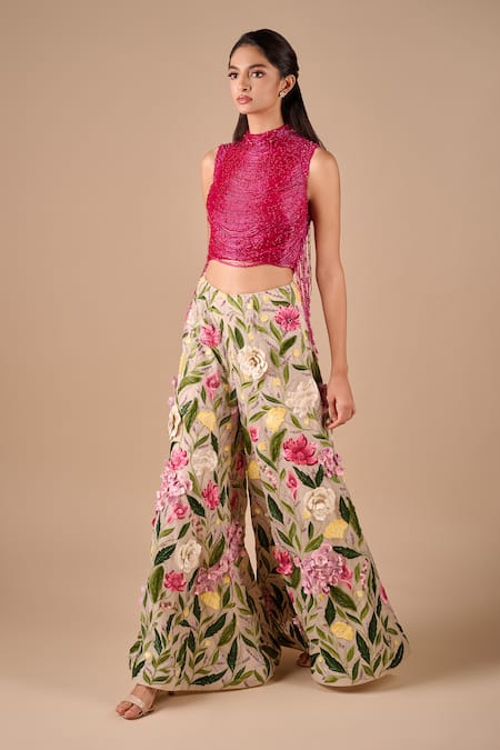 Shop_Shriya Som_Fuchsia Tulle Beads, Fringe High Neck Draped Top _Online_at_Aza_Fashions