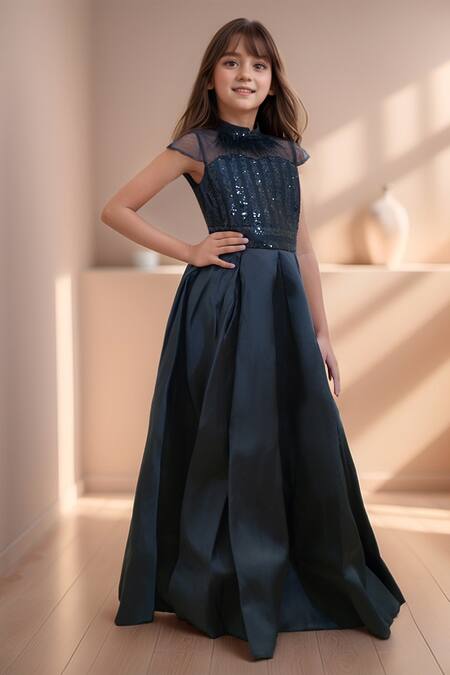 Shop_Petite Pomme_Black Silk, Cotton Sequins Flared Embroidered Gown _Online_at_Aza_Fashions