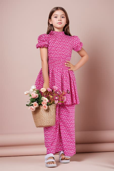Petite Pomme Floral Print Smocked Waist Tunic & Pant Set 