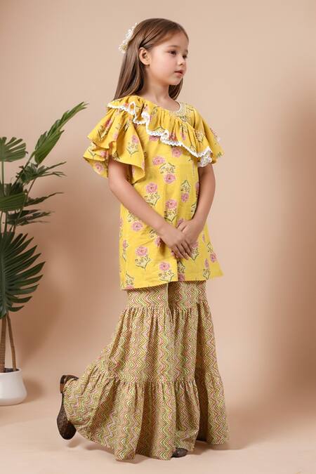 Buy Petite Pomme Yellow Cotton Lace Floral Print One Shoulder Kurta Set Buy_Petite Pomme_Yellow Cotton Lace Floral Print One Shoulder Kurta Set