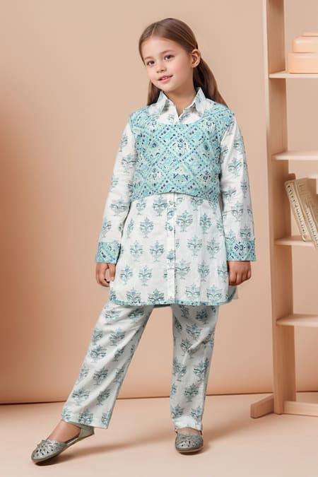 Petite Pomme Floral Block Print Kurta Set With Crop Jacket 