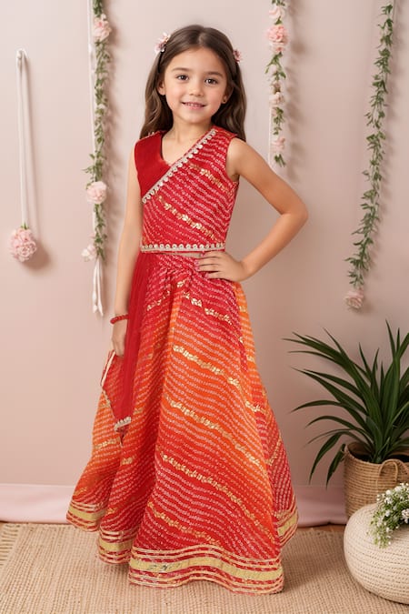 Petite Pomme Maroon Kota Doria Embellished Lehenga Set 