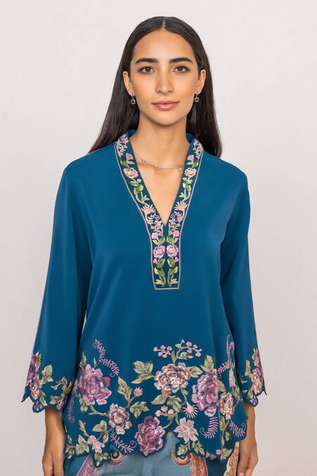 RANNA GILL_Blue Crepe Embroidery, Sequins V-neck Asterra Floral Top _Online_at_Aza_Fashions