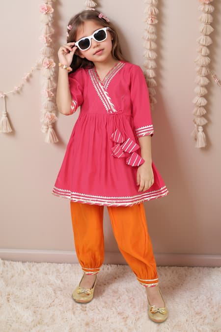 Petite Pomme Fuchsia Gota Embellished Kurta & Orange Pyjama 