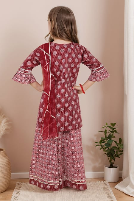 Petite Pomme Maroon Floral Print Kurta Sharara Set 