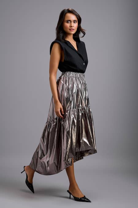 Buy_Deepika Arora_Gray Metallic High-low Skirt 