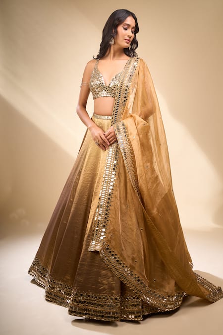 Seema Gujral_Gold Mirrors, Embroidery V-neck Blouse Lehenga Set _Online_at_Aza_Fashions