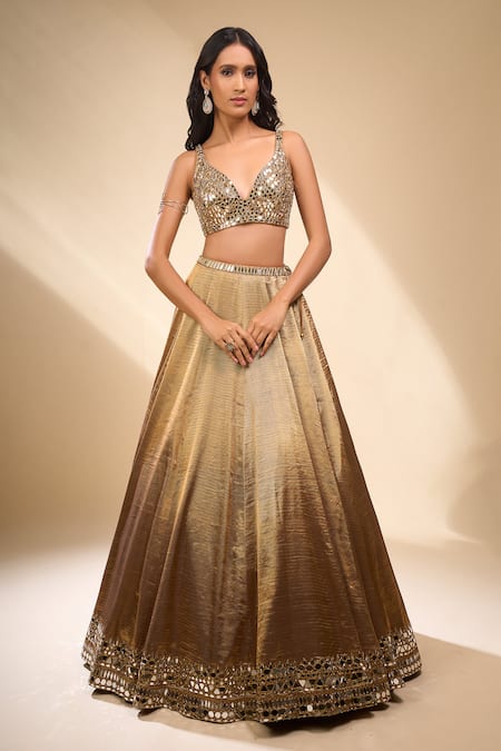 Buy_Seema Gujral_Gold Mirrors, Embroidery V-neck Blouse Lehenga Set _Online_at_Aza_Fashions