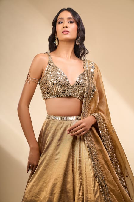 Shop_Seema Gujral_Gold Mirrors, Embroidery V-neck Blouse Lehenga Set _Online_at_Aza_Fashions