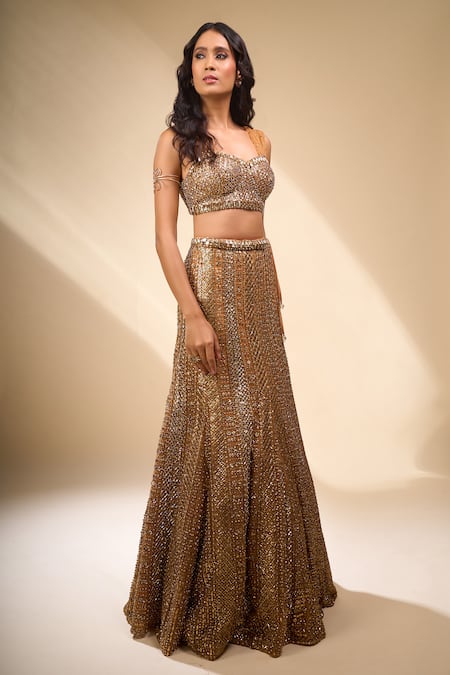 Shop_Seema Gujral_Gold Net Sequins, Beads Sweetheart Neck Embroidered Mermaid Lehenga Set _Online_at_Aza_Fashions