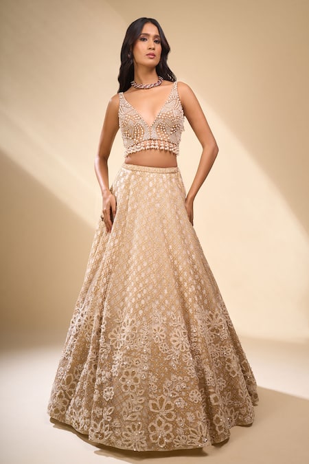 Seema Gujral Pearl Floral Embroidered Lehenga Set 