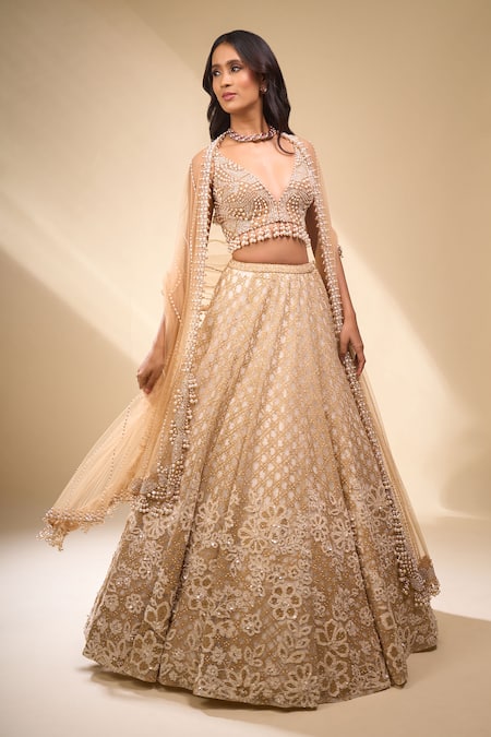 Seema Gujral Beige Net Pearls, Sequins, Embroidery V-neck Floral Lehenga Set Online at Aza Fashions Seema Gujral_Beige Net Pearls, Sequins, Embroidery V-neck Floral Lehenga Set _Online_at_Aza_Fashions