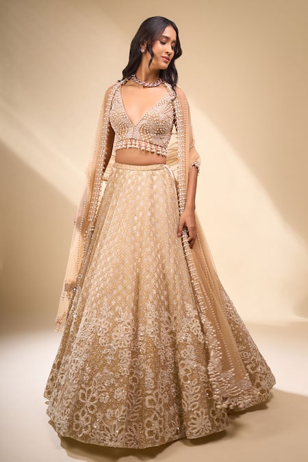 Buy Seema Gujral Beige Net Pearls, Sequins, Embroidery V-neck Floral Lehenga Set Online at Aza Fashions Buy_Seema Gujral_Beige Net Pearls, Sequins, Embroidery V-neck Floral Lehenga Set _Online_at_Aza_Fashions