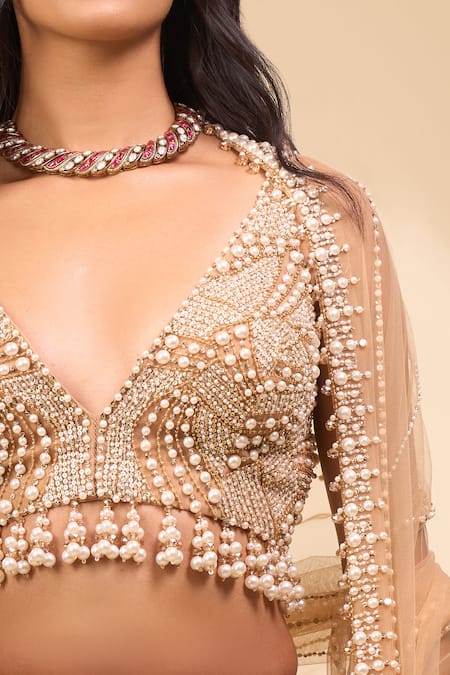 Shop Seema Gujral Beige Net Pearls, Sequins, Embroidery V-neck Floral Lehenga Set Online at Aza Fashions Shop_Seema Gujral_Beige Net Pearls, Sequins, Embroidery V-neck Floral Lehenga Set _Online_at_Aza_Fashions